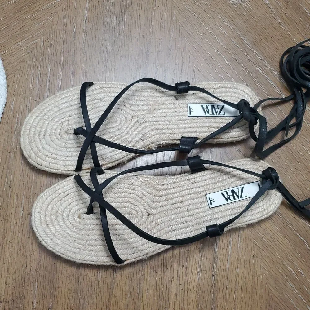 NWOT Zara Lace Up Tied Leather Jute Leather Black Sandals Size 41 - Picture 8 of 8